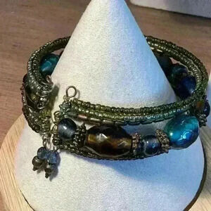 Vintage Beaded Adjustable Cuff with Acrylic Beads Green